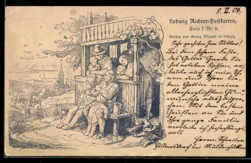 Künstler-AK Ludwig Richter: Familie geniesst den Abend auf der Bank vor dem Haus