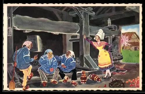 Künstler-AK Charles Homualk: autour du pressoir, pays d`Auge, Bauern trinken