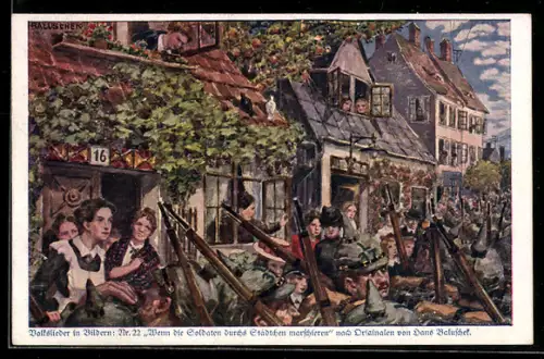 Künstler-AK Hans Baluschek: Ortsansicht mit Soldaten