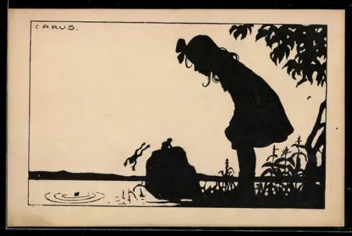 Künstler-AK Carus: junges Mädchen beobachtet Frösche am See