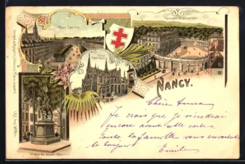 Lithographie Nancy, Place Carriere, Statue de Jeanne d`Arc