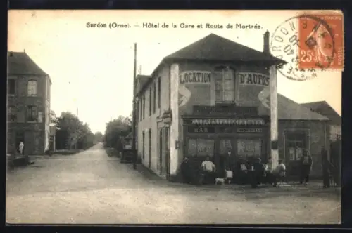 AK Surdon /Orne, Hotel de la Gare et Route de Mortrée