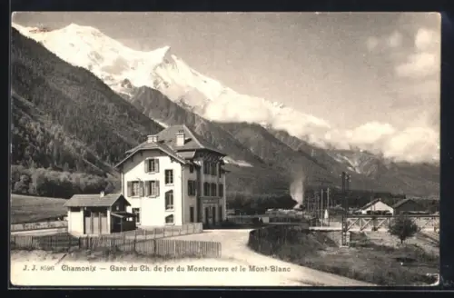 AK Chamonix, Gare du Ch. de fer du Montenvers et le Mont-Blanc, Bahnhof