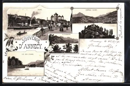 Lithographie Annecy, Port, Chateau Duingt, La Tournette, ile des Cygnes