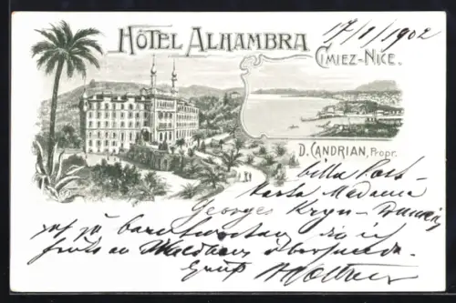 Lithographie Nice, Nice-Cimiez, Hôtel Alhambra, prop. D. Candrian