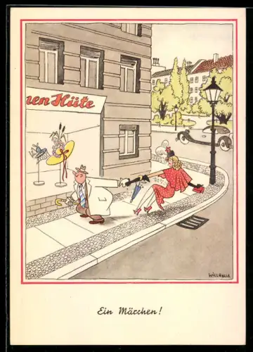 Künstler-AK Will Halle: Ein Märchen, Frau zieht ihren Mann vorm Hutgeschäft weg