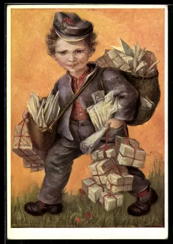 Künstler-AK Maria Spötl: Briefträger bringt Briefe und Pakete