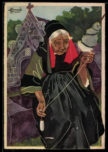 Künstler-AK Charles Homualk: Alte Frau in Tracht mit Spindel in der Hand