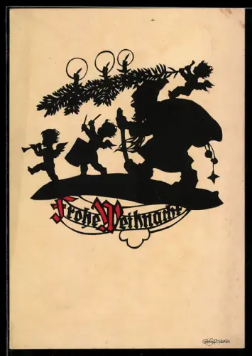 Künstler-AK Georg Plischke: Weihnachtsengel begleiten den Weihnachtsmann auf seinem Weg, Frohe Weihnachten