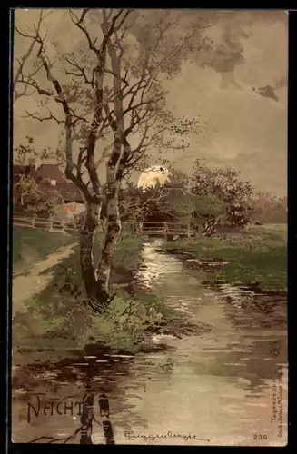 Künstler-Lithographie Theodor Guggenberger: Nacht, Bach bei Vollmond