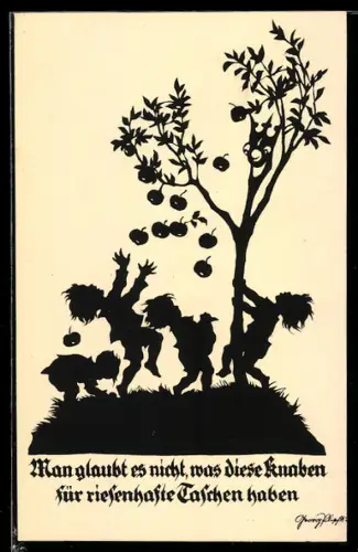 Künstler-AK Georg Plischke: Kinder schütteln die Äpfel vom Baum