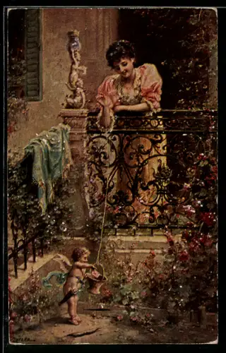 Künstler-AK Hans Zatzka: Liebespost, Frau seilt einen Brief zu Amor hinab