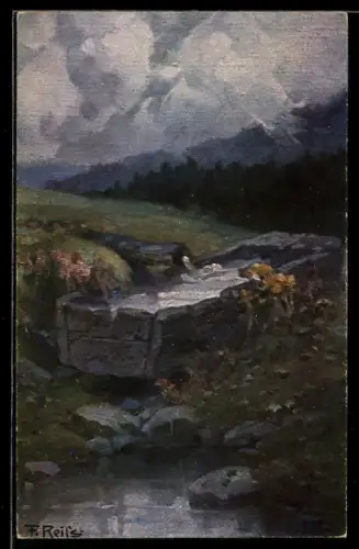 Künstler-AK Fritz Reiss: Quelle im Schwarzwald