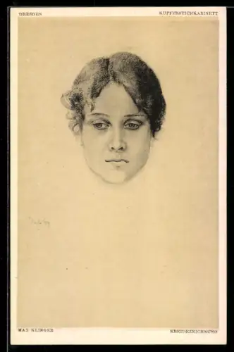 Künstler-AK Max Klinger: Mädchenportrait, Kreidezeichnung