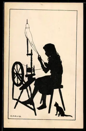 Künstler-AK Carus: Mädchen sitzt am Spinnrad