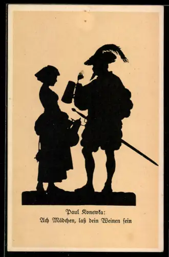 Künstler-AK Paul Konewka: Ach Mädchen, lass dein Weinen sein, Musketier mit Krug bei Hausmädchen