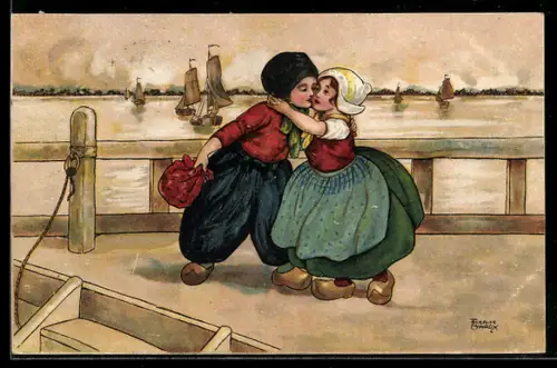 Künstler-AK Florence Hardy: Holländisches Pärchen umarmt sich, Im Hintergrund Segelboote
