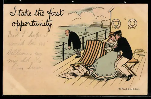Künstler-AK I take the first opprtunity, Mann übergibt sich an der Reeling