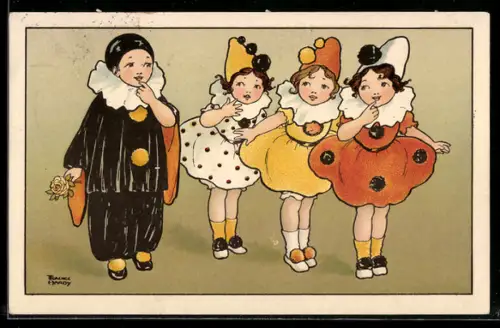 Künstler-AK Florence Hardy: Harlekin wird von drei Mädchen bewundert