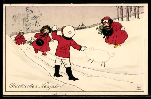 Künstler-AK Pauli Ebner: Knabe hat ein Schwein in den Schnee gezeichnet, Neujahrsgruss