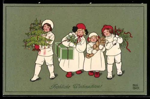 Künstler-AK Pauli Ebner: Kinder bringen Brot, Baum und Geschenke, Fröhliche Weihnachten