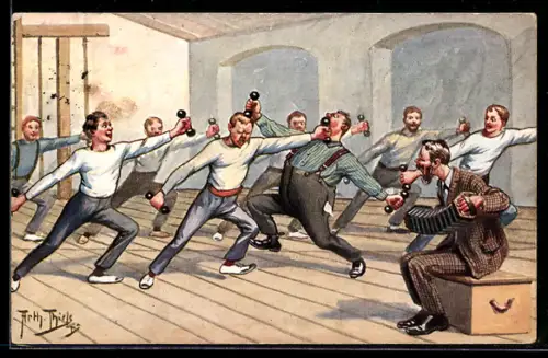 Künstler-AK Arthur Thiele: Männer beim Tanz nach der Musik