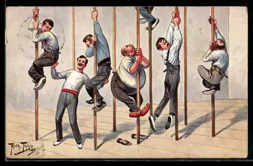 Künstler-AK A. Thiele: Männer versuchen sich am Stangenklettern