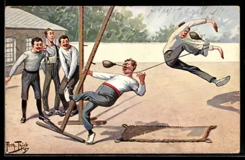 Künstler-AK Arthur Thiele: Turner bei Übungen im Hof