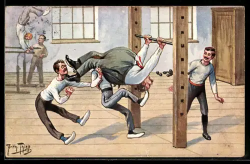 Künstler-AK Arthur Thiele: Dicker Turner an Reckstange