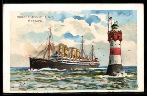 Lithographie Norddeutscher Lloyd Passagierschiff Neckar, 23. November 1902, Leuchtturm