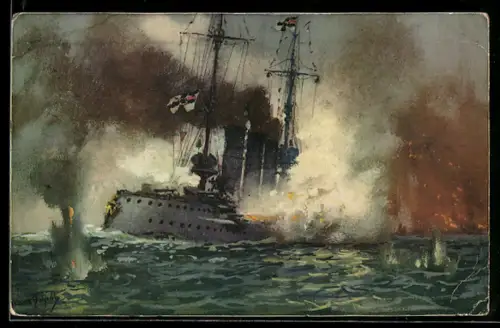 Künstler-AK Hans Bohrdt: S.M. Kreuzer Augsburg Libau beschiessend