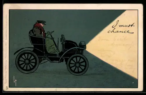 Künstler-AK L. Thackeray: Mann fährt nachts mit dem offenen Wagen