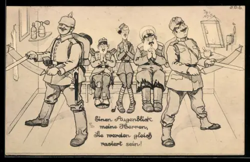 Künstler-AK P. O. Engelhard (P.O.E.): Einen Augenblick meine Herren..., Soldaten des Zweibunds schärfen die Messer