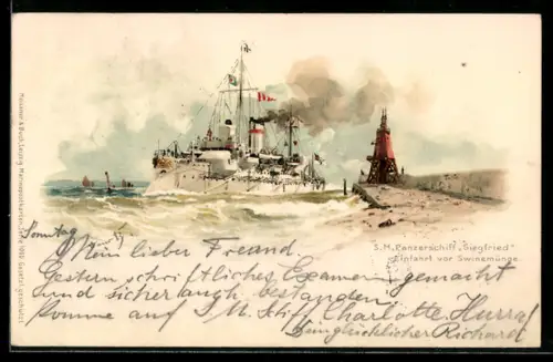 Künstler-Lithographie Hans Bohrdt: Swinemünde, Panzerschiff Siegfried