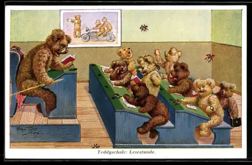 Künstler-AK Arthur Thiele: Teddyschule, Lesestunde