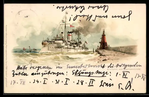Künstler-AK Hans Bohrdt: Panzerschiff Siegfried bei der Einfahrt vor Swinemünde