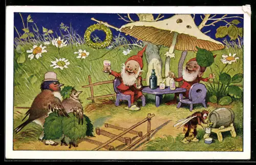 Künstler-AK Fritz Baumgarten: Vogelpaar gesellt sich zu trinkenden Zwergen - Waldbiene zapft aus dem Fass