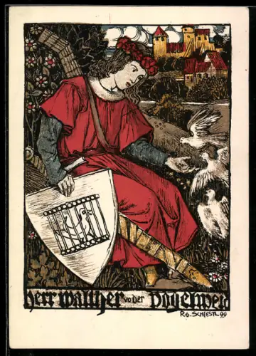 Künstler-AK Rudolf Schiestl: Herr Walther von der Vogelweide, Sänger füttert Tauben