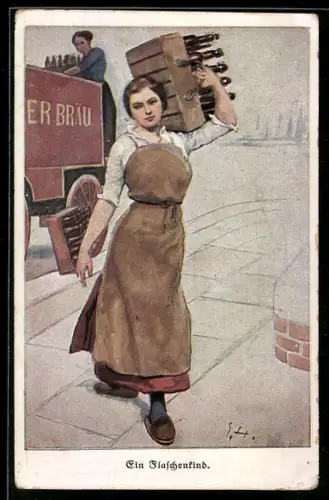 Künstler-AK Ernst Heilemann: Ein Flaschenkind, junge Frau trägt Bierflaschen
