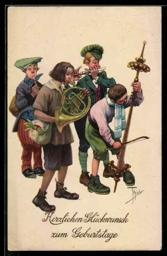 Künstler-AK Arthur Thiele: Kinder spielen ein Ständchen zum Geburtstag