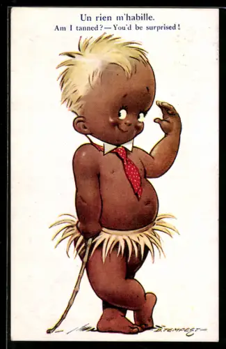 Künstler-AK Douglas Tempest: Braungebrannter Junge mit blondem Haar und kurzem Bastrock