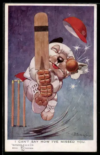 Künstler-AK George Ernest Studdy: I can`t say hwo I`ve missed you, Bonzo bekommt Ball ins Auge