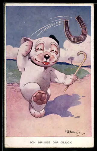 Künstler-AK George Ernest Studdy: Bonzo wirft ein Hufeisen