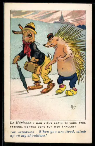 Künstler-AK Jean-Marie Michel Liebeaux: The Hedgehog: When you are tired, climb up..., Hase und Igel