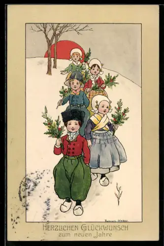 Künstler-AK Florence Hardy: Kinder mit Mstelzweigen laufen durch den Schnee