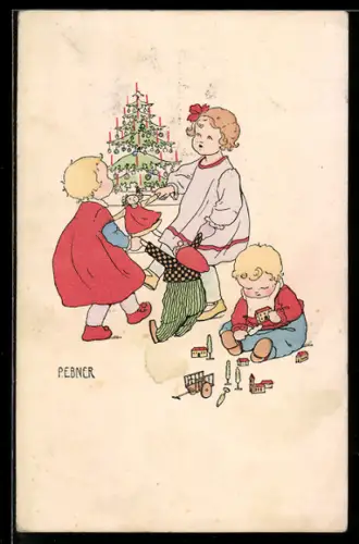 Künstler-AK Pauli Ebner: Mädchen tanzen mit den Puppen unter dem Weihnachtsbaum