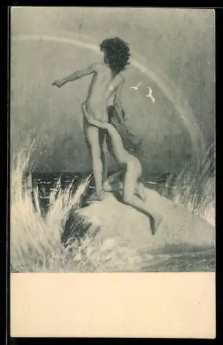 Künstler-AK Fidus: Auf der Klippe, Kinder am Meer