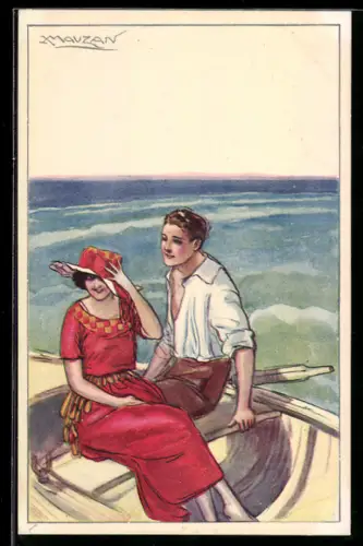 Künstler-AK Mauzan: Paar im Ruderboot auf dem Meer