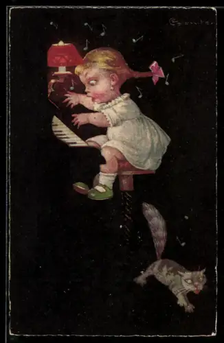 Künstler-AK E. Colombo: Katze erschrickt vor dem Klavierspiel des Mädchens