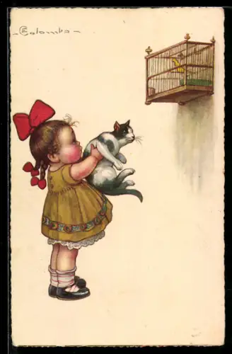 Künstler-AK E. Colombo: Mädchen zeigt der Katze den Kanarienvogel im Käfig